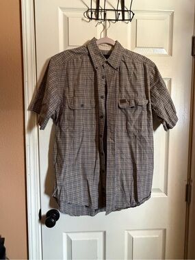 Men's Short-Sleeve Plaid Button-Down Shirt in Brown and Gray
